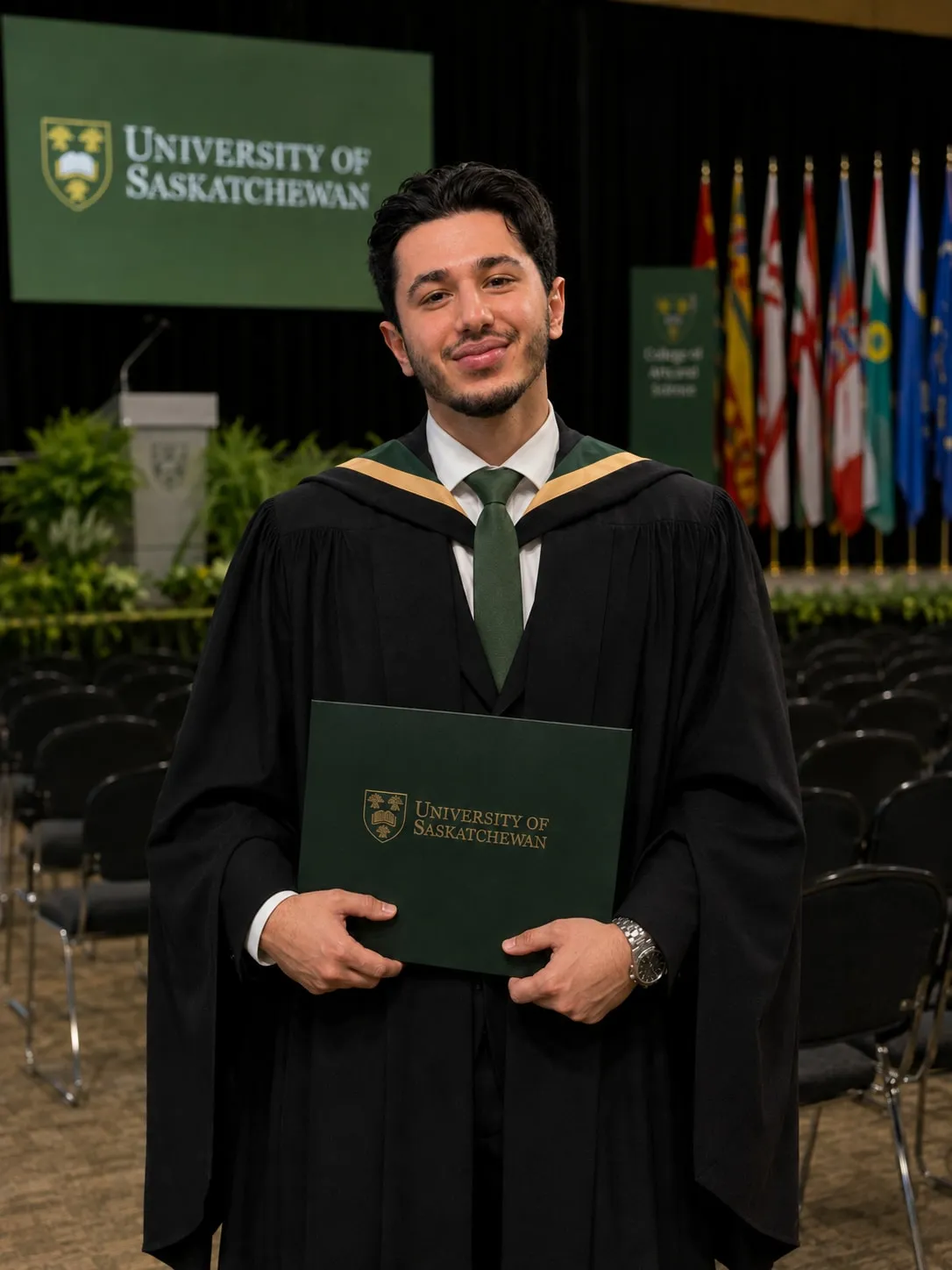 Usama Kelani at University of Saskatchewan convocation, holding a Bachelor of Science degree folder