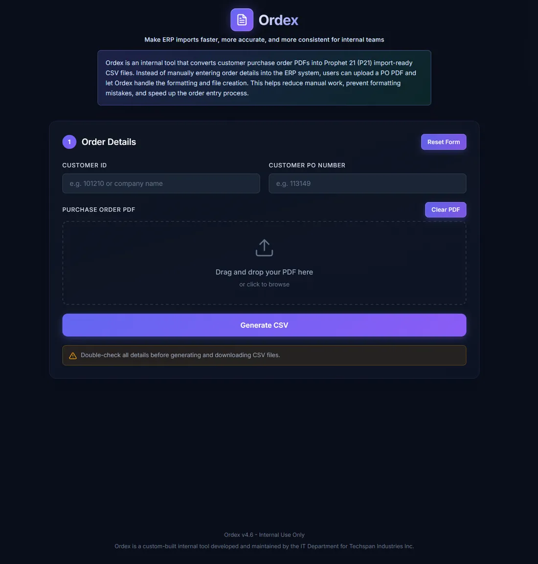 Ordex order-entry screen: customer ID, PO number, and PDF drop zone